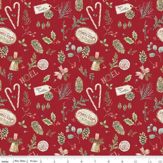 Image of Holiday Spirit Christmas Toss Red quilting cotton fabric by Lisa Audit for Riley Blake Designs. Features christmas items on a red background. Cute Little Fabric Shop.