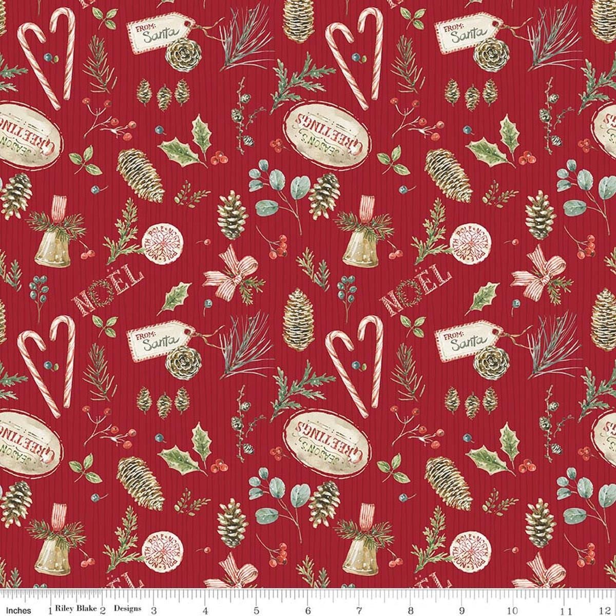 Image of Holiday Spirit Christmas Toss Red quilting cotton fabric by Lisa Audit for Riley Blake Designs. Features christmas items on a red background. Cute Little Fabric Shop.