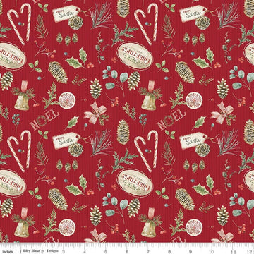 Image of Holiday Spirit Christmas Toss Red quilting cotton fabric by Lisa Audit for Riley Blake Designs. Features christmas items on a red background. Cute Little Fabric Shop.