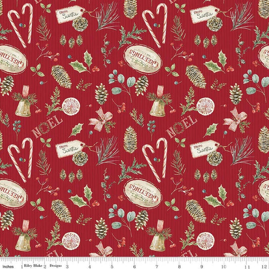Image of Holiday Spirit Christmas Toss Red quilting cotton fabric by Lisa Audit for Riley Blake Designs. Features christmas items on a red background. Cute Little Fabric Shop.