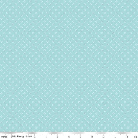 Image of Whimsical Woodland Circle Dots Aqua quilting cotton fabric by Tasha Noel for Riley Blake Designs. Features dots on a blue background. Cute Little Fabric Shop.