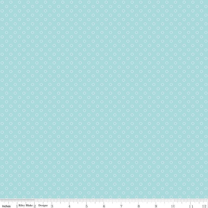 Image of Whimsical Woodland Circle Dots Aqua quilting cotton fabric by Tasha Noel for Riley Blake Designs. Features dots on a blue background. Cute Little Fabric Shop.