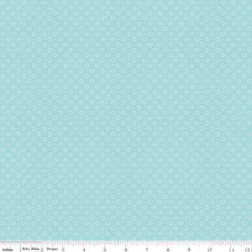 Image of Whimsical Woodland Circle Dots Aqua quilting cotton fabric by Tasha Noel for Riley Blake Designs. Features dots on a blue background. Cute Little Fabric Shop.