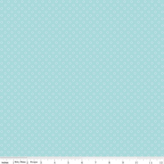 Image of Whimsical Woodland Circle Dots Aqua quilting cotton fabric by Tasha Noel for Riley Blake Designs. Features dots on a blue background. Cute Little Fabric Shop.