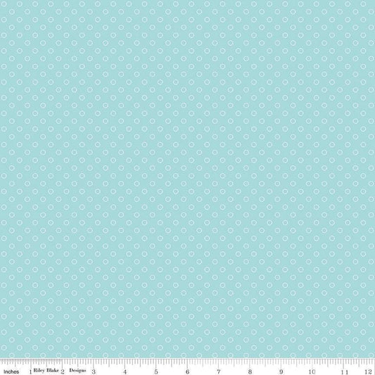 Image of Whimsical Woodland Circle Dots Aqua quilting cotton fabric by Tasha Noel for Riley Blake Designs. Features dots on a blue background. Cute Little Fabric Shop.