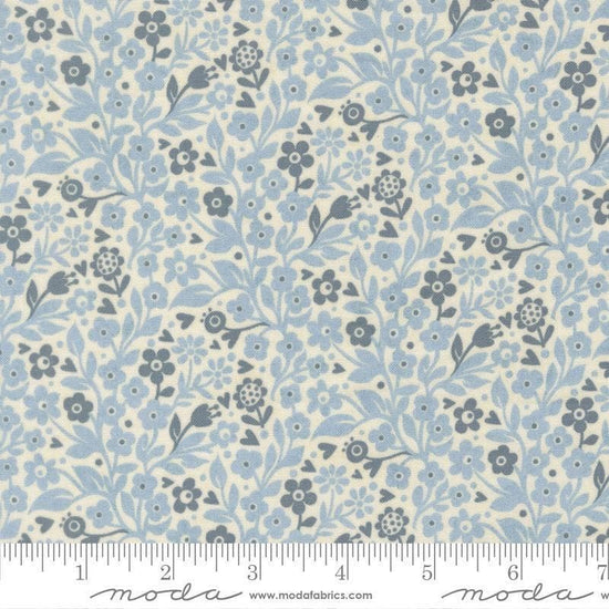 Image of Fieldrush Ivy Bramble quilting cotton fabric by Basic Grey for Moda Fabrics. Features flowers on a blue background. Cute Little Fabric Shop.