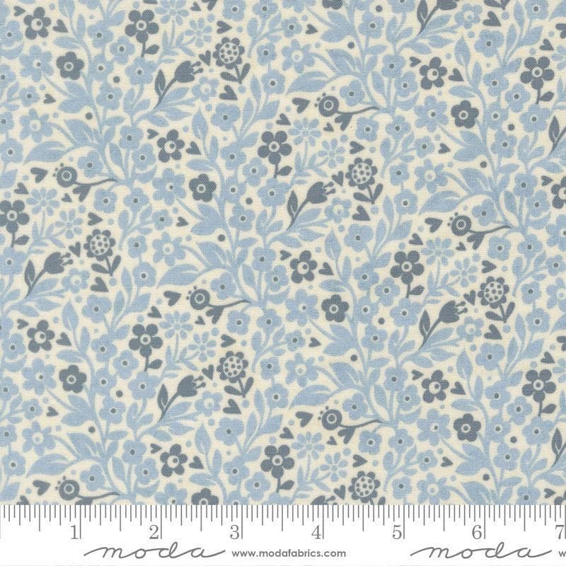 Image of Fieldrush Ivy Bramble quilting cotton fabric by Basic Grey for Moda Fabrics. Features flowers on a blue background. Cute Little Fabric Shop.