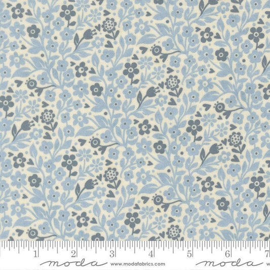 Image of Fieldrush Ivy Bramble quilting cotton fabric by Basic Grey for Moda Fabrics. Features flowers on a blue background. Cute Little Fabric Shop.