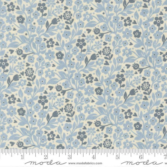 Image of Fieldrush Ivy Bramble quilting cotton fabric by Basic Grey for Moda Fabrics. Features flowers on a blue background. Cute Little Fabric Shop.