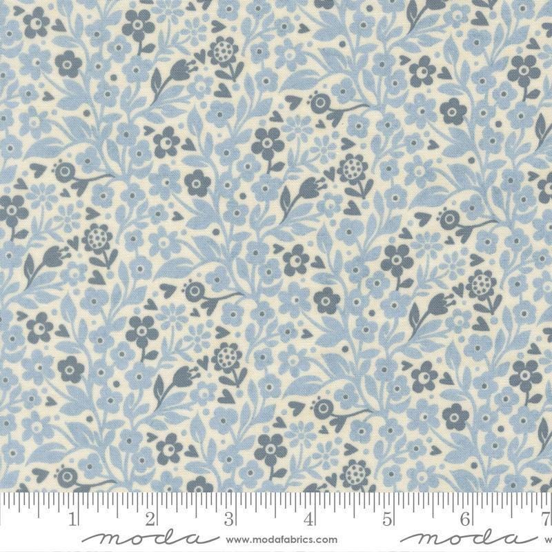 Image of Fieldrush Ivy Bramble quilting cotton fabric by Basic Grey for Moda Fabrics. Features flowers on a blue background. Cute Little Fabric Shop.