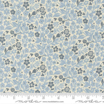 Image of Fieldrush Ivy Bramble quilting cotton fabric by Basic Grey for Moda Fabrics. Features flowers on a blue background. Cute Little Fabric Shop.