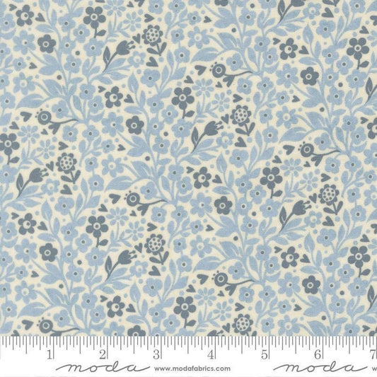 Image of Fieldrush Ivy Bramble quilting cotton fabric by Basic Grey for Moda Fabrics. Features flowers on a blue background. Cute Little Fabric Shop.