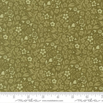 Image of Fieldrush Ivy Basil quilting cotton fabric by Basic Grey for Moda Fabrics. Features flowers on a green background. Cute Little Fabric Shop.