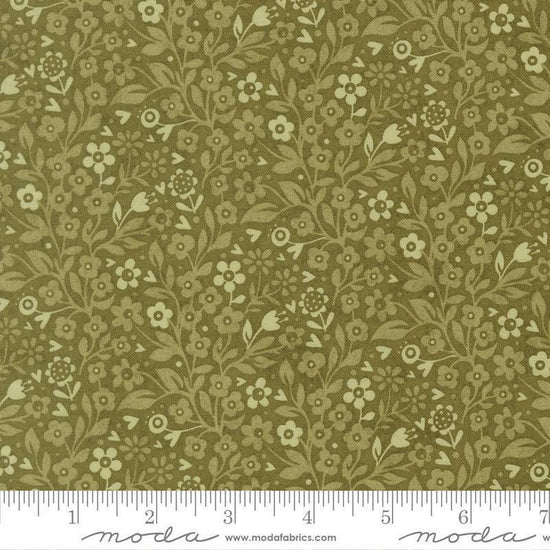 Image of Fieldrush Ivy Basil quilting cotton fabric by Basic Grey for Moda Fabrics. Features flowers on a green background. Cute Little Fabric Shop.