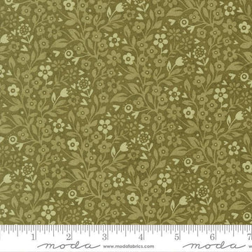 Image of Fieldrush Ivy Basil quilting cotton fabric by Basic Grey for Moda Fabrics. Features flowers on a green background. Cute Little Fabric Shop.