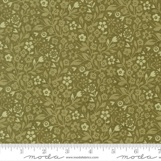 Image of Fieldrush Ivy Basil quilting cotton fabric by Basic Grey for Moda Fabrics. Features flowers on a green background. Cute Little Fabric Shop.