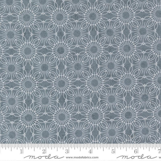 Image of Fieldrush Jasmine Bramble quilting cotton fabric by Basic Grey for Moda Fabrics. Features flowers on a blue background. Cute Little Fabric Shop.