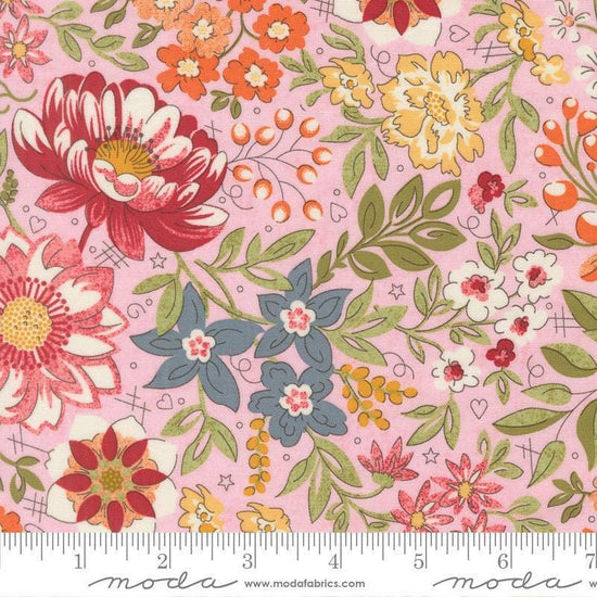 Image of Fieldrush Covent Peony quilting cotton fabric by Basic Grey for Moda Fabrics. Features flowers on a pink background. Cute Little Fabric Shop.
