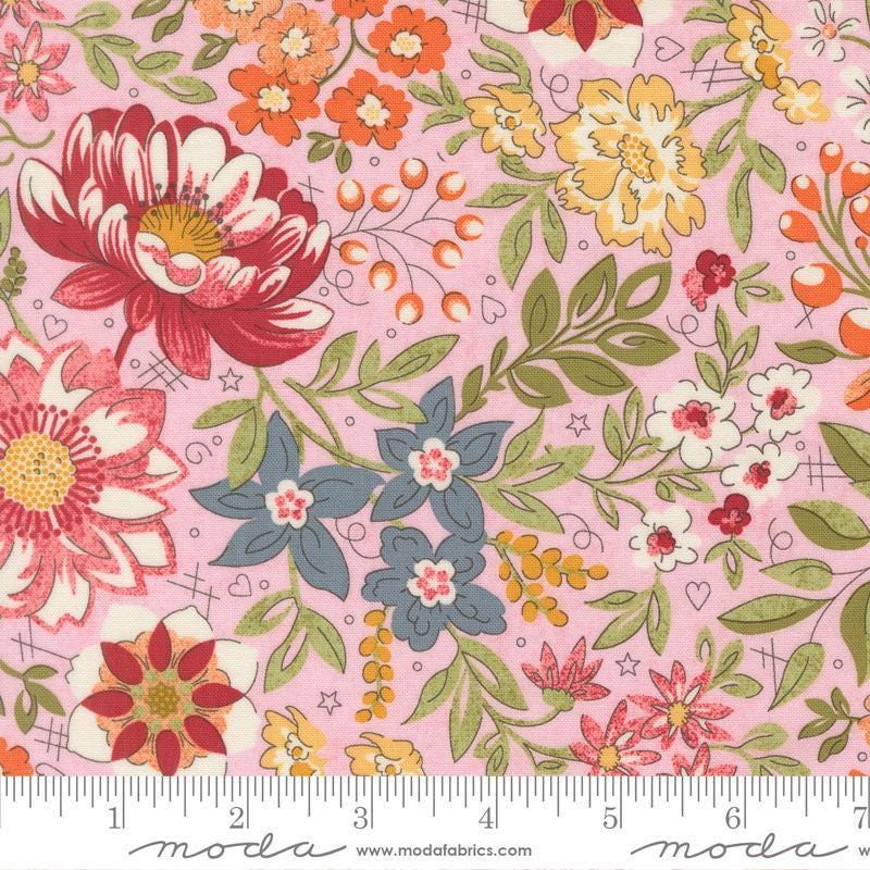 Image of Fieldrush Covent Peony quilting cotton fabric by Basic Grey for Moda Fabrics. Features flowers on a pink background. Cute Little Fabric Shop.