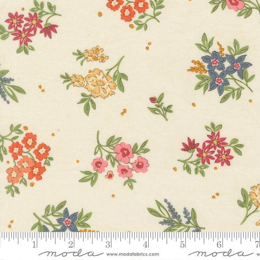 Image of Fieldrush Camellia Opal quilting cotton fabric by Basic Grey for Moda Fabrics. Features flowers on a cream background. Cute Little Fabric Shop.