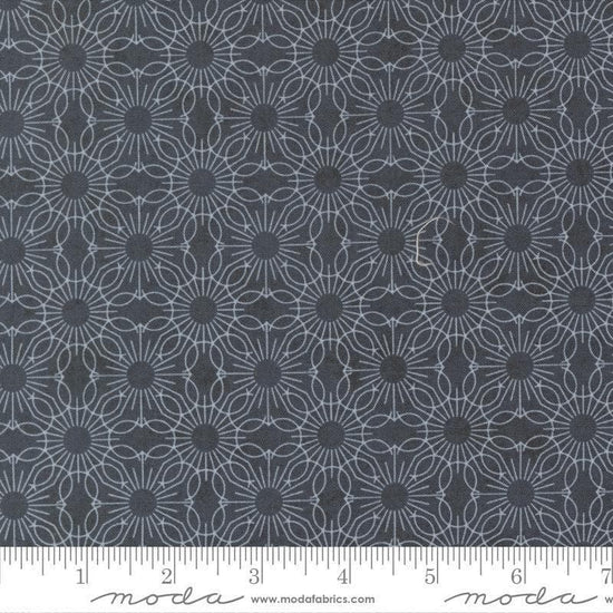 Image of Fieldrush Jasmine Portobello quilting cotton fabric by Basic Grey for Moda Fabrics. Features flowers on a blue background. Cute Little Fabric Shop.