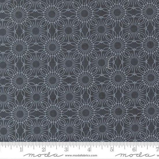 Image of Fieldrush Jasmine Portobello quilting cotton fabric by Basic Grey for Moda Fabrics. Features flowers on a blue background. Cute Little Fabric Shop.