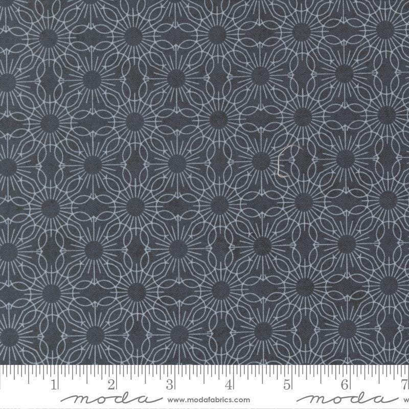Image of Fieldrush Jasmine Portobello quilting cotton fabric by Basic Grey for Moda Fabrics. Features flowers on a blue background. Cute Little Fabric Shop.