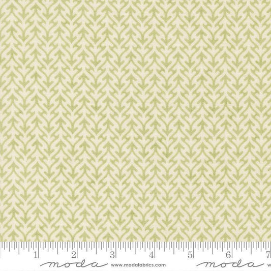 Image of Fieldrush Trellis Moss quilting cotton fabric by Basic Grey for Moda Fabrics. Features trees on a green background. Cute Little Fabric Shop.