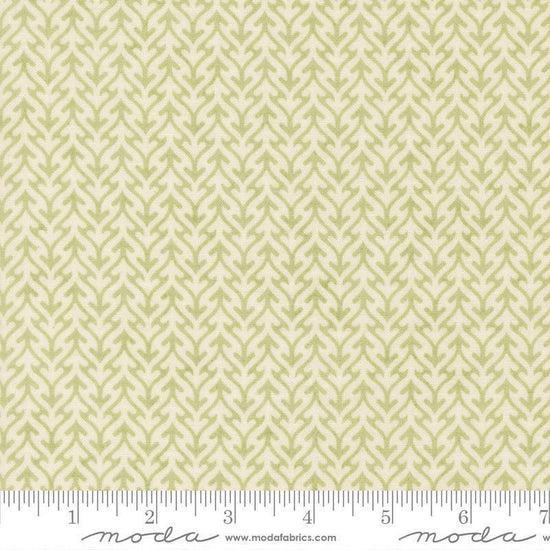 Image of Fieldrush Trellis Moss quilting cotton fabric by Basic Grey for Moda Fabrics. Features trees on a green background. Cute Little Fabric Shop.