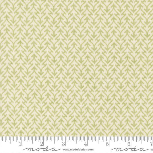 Image of Fieldrush Trellis Moss quilting cotton fabric by Basic Grey for Moda Fabrics. Features trees on a green background. Cute Little Fabric Shop.
