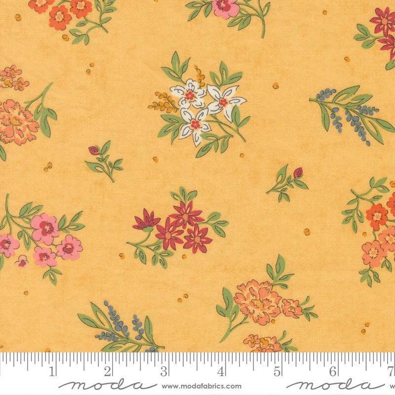 Image of Fieldrush Camellia Sunshine quilting cotton fabric by Basic Grey for Moda Fabrics. Features flowers on a yellow background. Cute Little Fabric Shop.