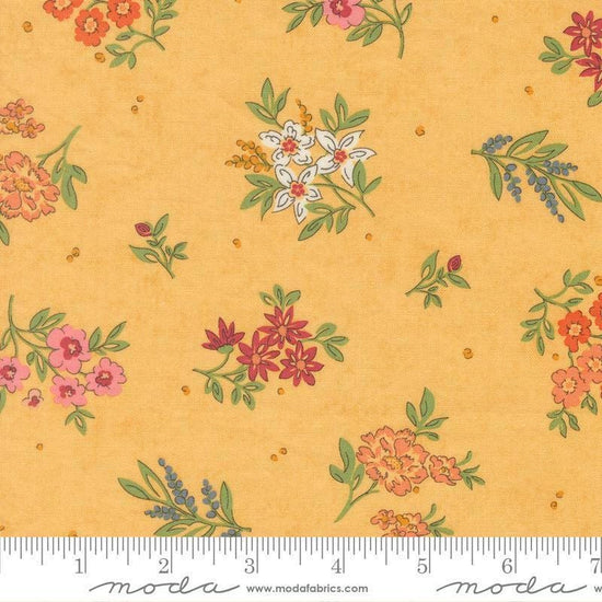 Image of Fieldrush Camellia Sunshine quilting cotton fabric by Basic Grey for Moda Fabrics. Features flowers on a yellow background. Cute Little Fabric Shop.