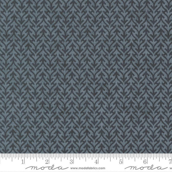 Image of Fieldrush Trellis Portobello quilting cotton fabric by Basic Grey for Moda Fabrics. Features trees on a blue background. Cute Little Fabric Shop.