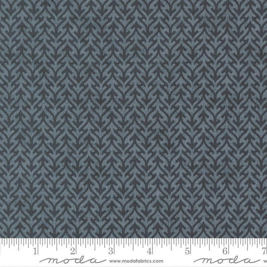 Image of Fieldrush Trellis Portobello quilting cotton fabric by Basic Grey for Moda Fabrics. Features trees on a blue background. Cute Little Fabric Shop.