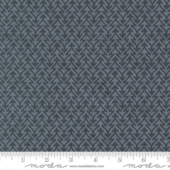 Image of Fieldrush Trellis Portobello quilting cotton fabric by Basic Grey for Moda Fabrics. Features trees on a blue background. Cute Little Fabric Shop.