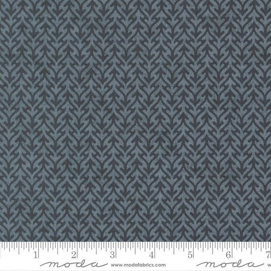 Image of Fieldrush Trellis Portobello quilting cotton fabric by Basic Grey for Moda Fabrics. Features trees on a blue background. Cute Little Fabric Shop.