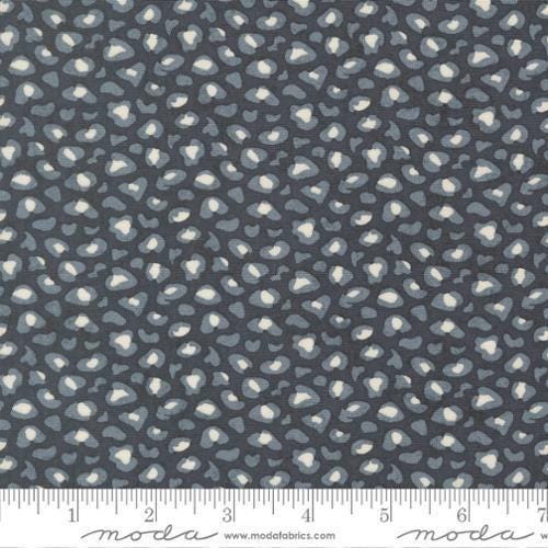 Image of Fieldrush Wild Flower Portobello quilting cotton fabric by Basic Grey for Moda Fabrics. Features leopard print on a blue background. Cute Little Fabric Shop.