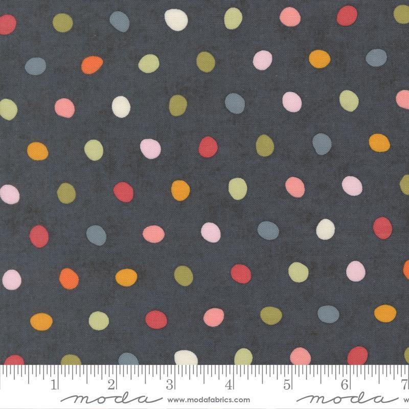 Image of Fieldrush Poppy Portobello quilting cotton fabric by Basic Grey for Moda Fabrics. Features flowers on a blue background. Cute Little Fabric Shop.