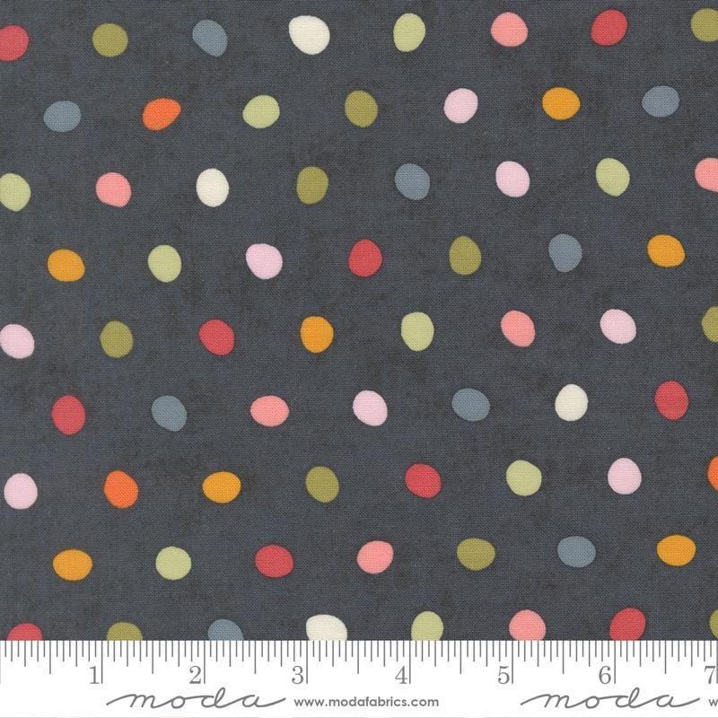 Image of Fieldrush Poppy Portobello quilting cotton fabric by Basic Grey for Moda Fabrics. Features flowers on a blue background. Cute Little Fabric Shop.