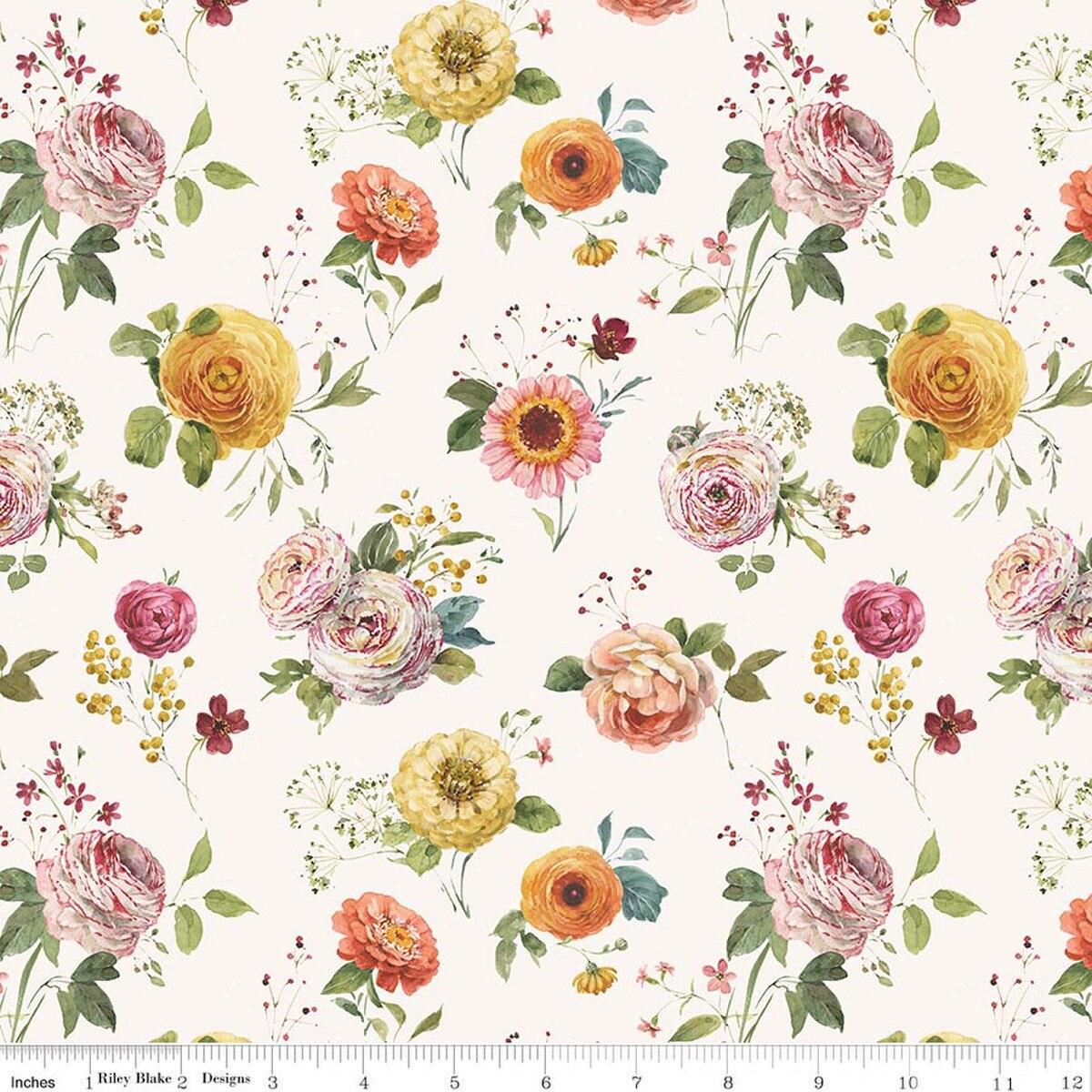 Image of Sketchbook Stems Cream quilting cotton fabric by Lisa Audit for RIley Blake Designs. Features flowers on a cream background. Cute Little Fabric Shop.