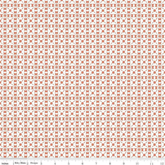 Image of Sketchbook Geo Ginger quilting cotton fabric by Lisa Audit for RIley Blake Designs. Features a geometric pattern on an orange background. Cute Little Fabric Shop.