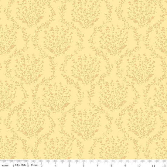 Image of Sketchbook Vines Sunny quilting cotton fabric by Lisa Audit for RIley Blake Designs. Features leaves on a yellow background. Cute Little Fabric Shop.