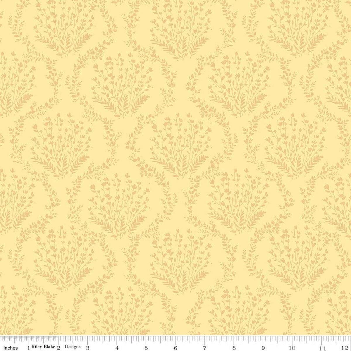 Image of Sketchbook Vines Sunny quilting cotton fabric by Lisa Audit for RIley Blake Designs. Features leaves on a yellow background. Cute Little Fabric Shop.