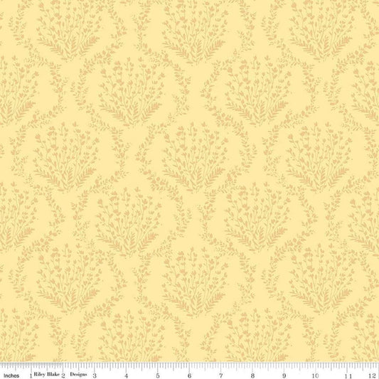 Image of Sketchbook Vines Sunny quilting cotton fabric by Lisa Audit for RIley Blake Designs. Features leaves on a yellow background. Cute Little Fabric Shop.