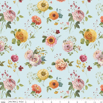 Image of Sketchbook Stems Blue quilting cotton fabric by Lisa Audit for RIley Blake Designs. Features flowers on a blue background. Cute Little Fabric Shop.