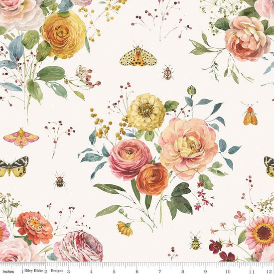 Image of Sketchbook Main Cream quilting cotton fabric by Lisa Audit for RIley Blake Designs. Features flowers on a cream background. Cute Little Fabric Shop.