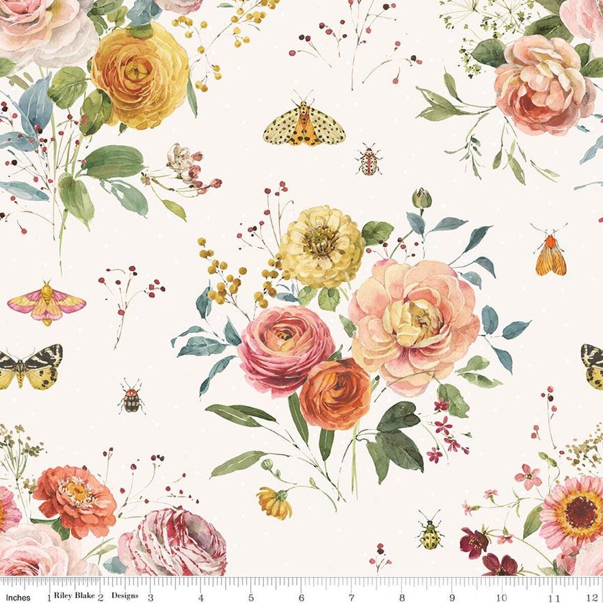 Image of Sketchbook Main Cream quilting cotton fabric by Lisa Audit for RIley Blake Designs. Features flowers on a cream background. Cute Little Fabric Shop.