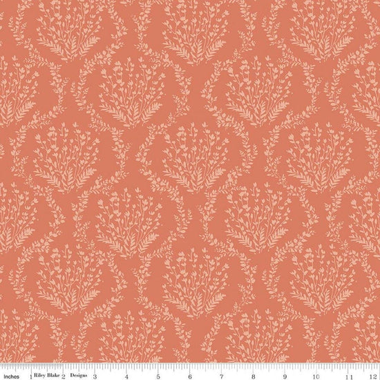 Image of Sketchbook Vines Ginger quilting cotton fabric by Lisa Audit for RIley Blake Designs. Features leaves on an orange background. Cute Little Fabric Shop.