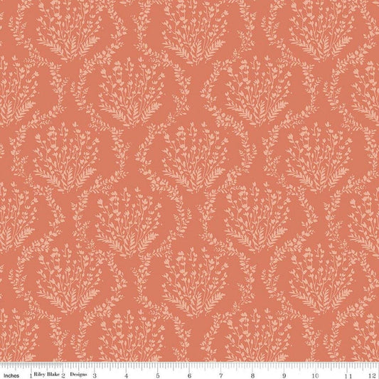 Image of Sketchbook Vines Ginger quilting cotton fabric by Lisa Audit for RIley Blake Designs. Features leaves on an orange background. Cute Little Fabric Shop.