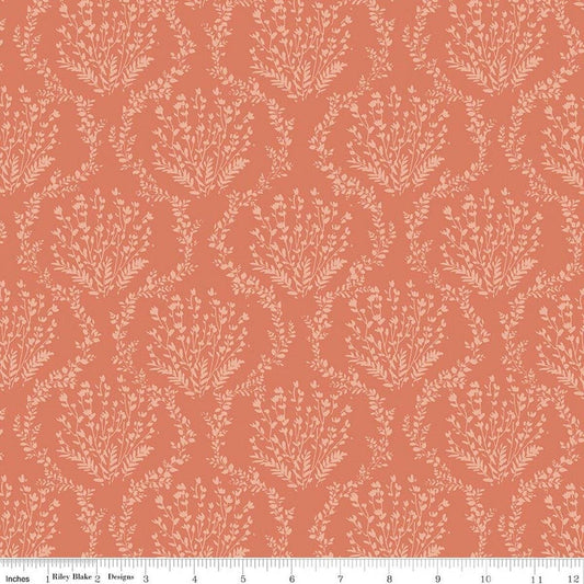 Image of Sketchbook Vines Ginger quilting cotton fabric by Lisa Audit for RIley Blake Designs. Features leaves on an orange background. Cute Little Fabric Shop.